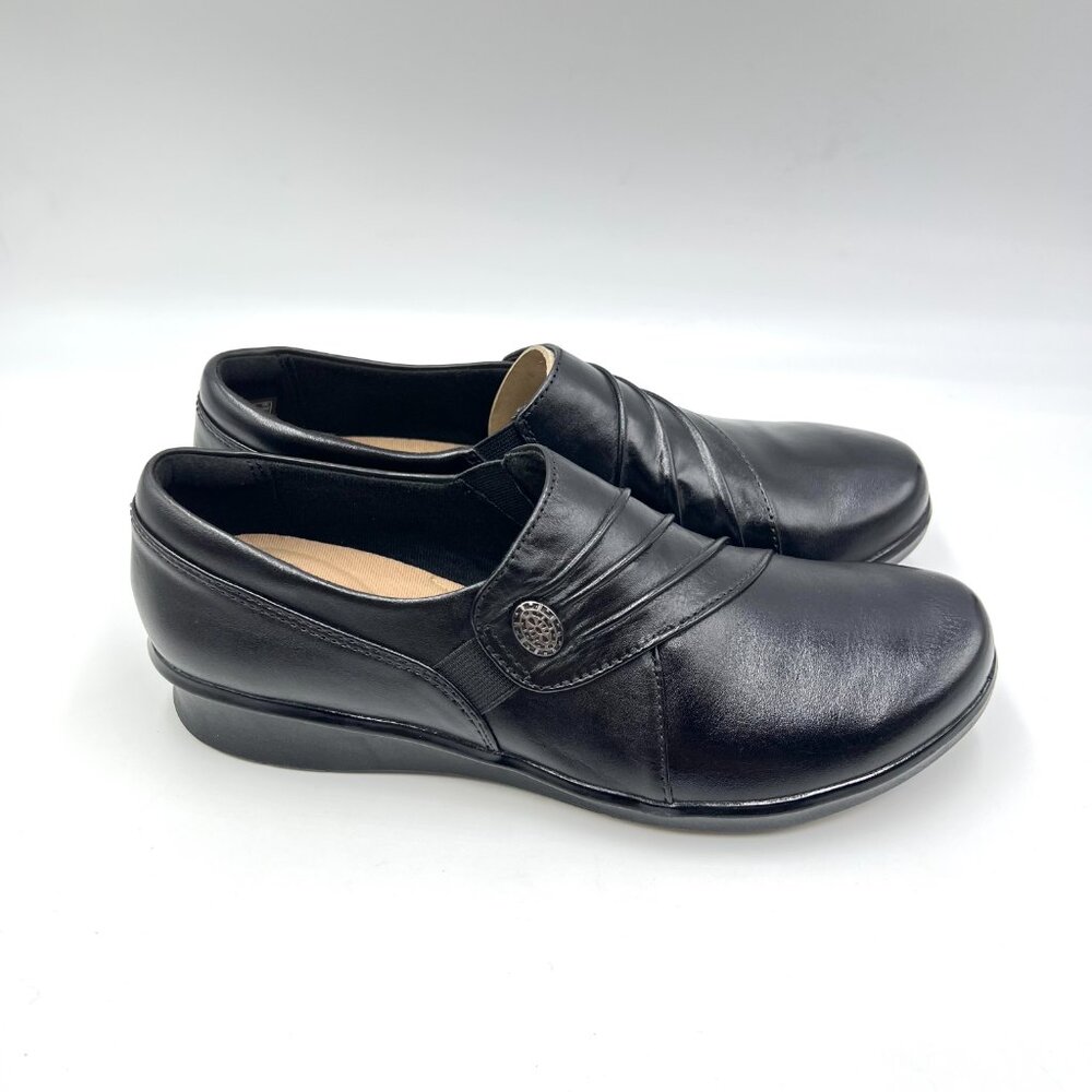 8N 8 NARROW WIDTH Clarks Hope Roxanne Black‎ Leather Loafers Comfort Shoes